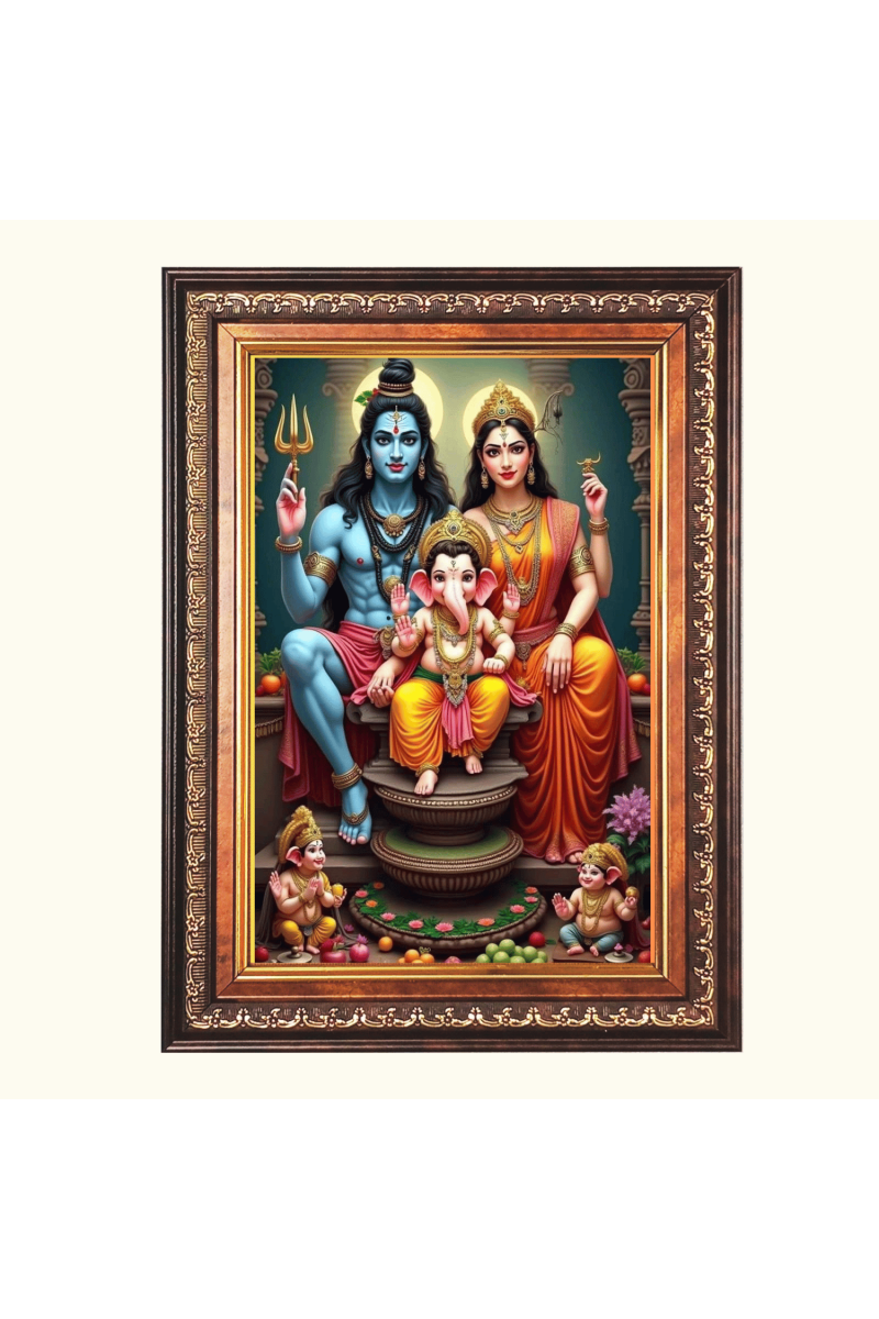 Sri Shiv Shankar, Mata Parvati and Baby Ganesh Color Photo frame 10x14 Inch - Vibrant Religious Wall Art for Home ,Office Decor,Temple Decoration and Gifting.