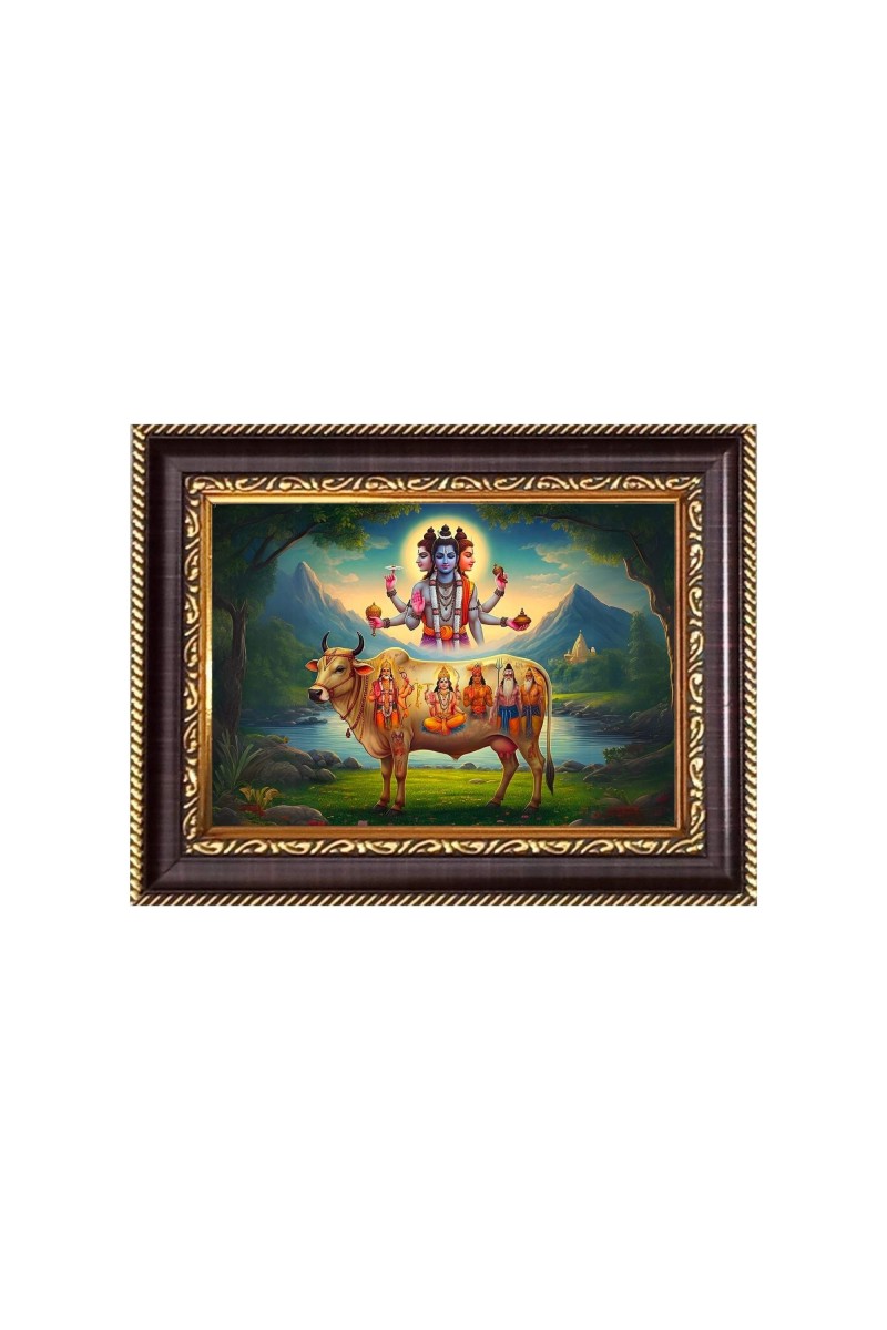 Kamdhenu Cow with Sri Brahma, Sri Vishnu and Sri Mahesh/Lord Shiva Digital Print Photo 6.7x8.7 inches - Vibrant Religious Desk And Wall Art for Home , Office and Temple Decor and Gifting.