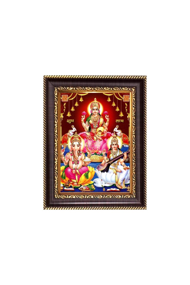Sri Maa Lakshmi, Sri Ganeshji and Sri Maa Saraswati Digital Print Photo 6.7x8.7 inches - Vibrant Religious Desk And Wall Art for Home , Office and Temple Decor and Gifting.