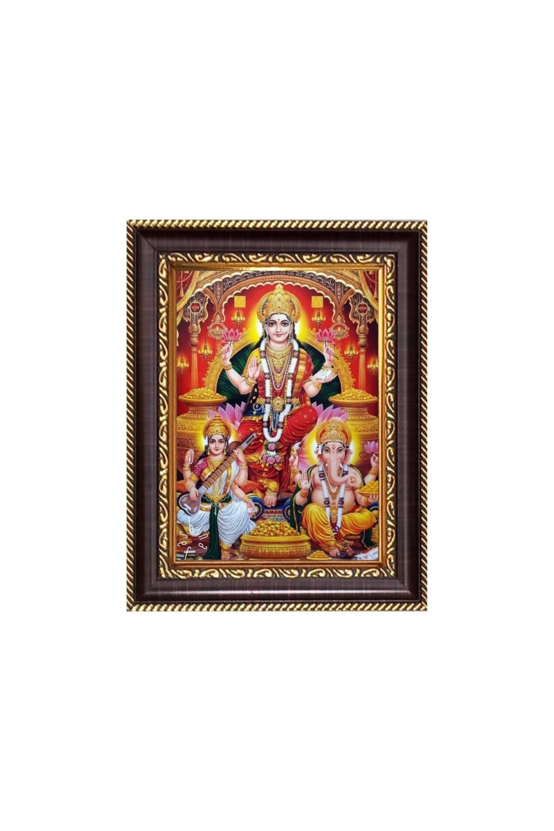 Sri Maa Lakshmi, Sri Ganeshji and Sri Maa Saraswati Digital Print Photo 6.7x8.7 inches - Vibrant Religious Desk And Wall Art for Home , Office and Temple Decor and Gifting.