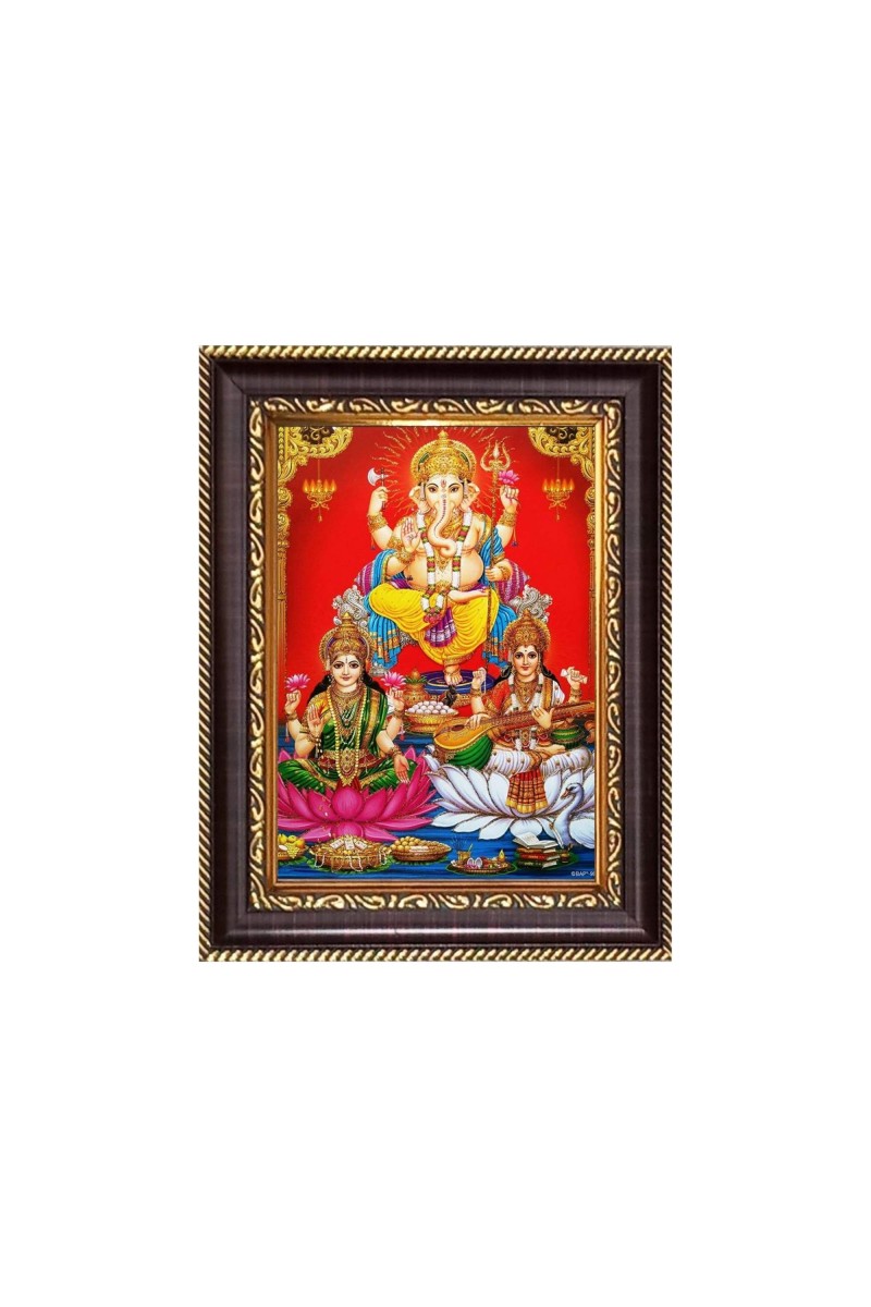 Sri Maa Lakshmi, Sri Ganeshji and Sri Maa Saraswati Digital Print Photo 6.7x8.7 inches - Vibrant Religious Desk And Wall Art for Home , Office and Temple Decor and Gifting.