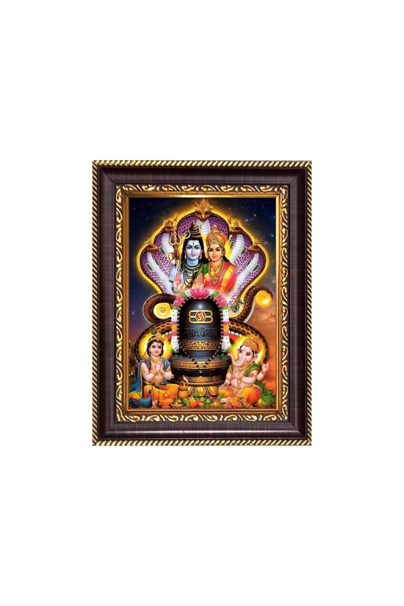 Shiv Lingam With Lord Shiva, Maa Parvati Devi, Sri Ganeshji and Kartike Digital Print Photo 6.7x8.7 inches - Vibrant Religious Desk And Wall Art for Home , Office and Temple Decor and Gifting.