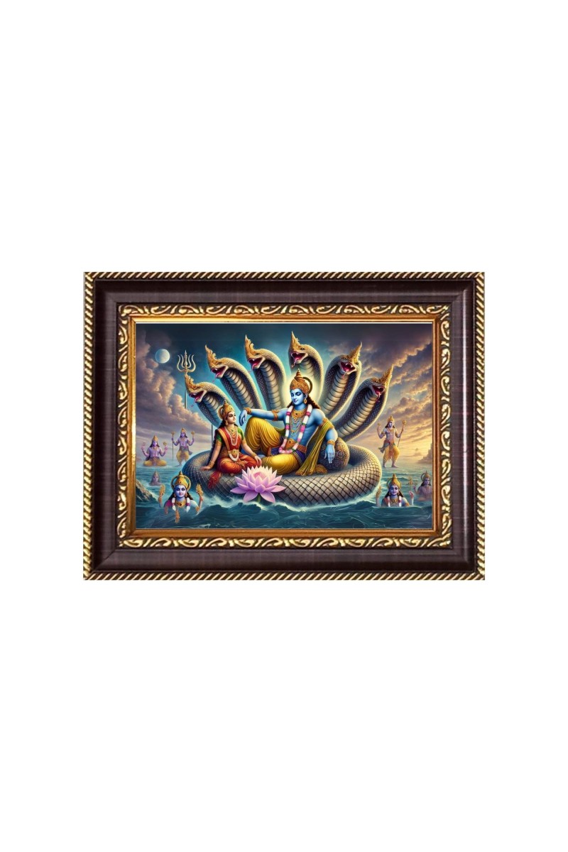 Lord Vishnu and Mata Lakshmi in Sheshnag  Digital Print Photo 6.7x8.7 inches - Vibrant Religious Desk And Wall Art for Home , Office and Temple Decor and Gifting.