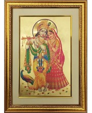 Sri Radha & Sri Krishna Golden Photo 11.5x15.5 Inches Perfect for Home, Office & Temple Decoration