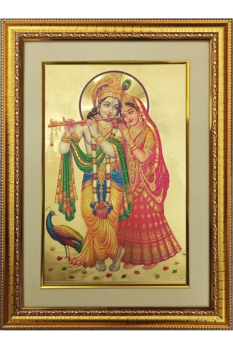 Sri Radha & Sri Krishna Golden Photo 11.5x15.5 Inches Perfect for Home, Office & Temple Decoration