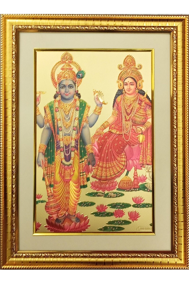 Maa  Laxmi & Sri Narayan Golden Photo 11.5x15.5 Inches Perfect for Home, Office & Temple Decoration