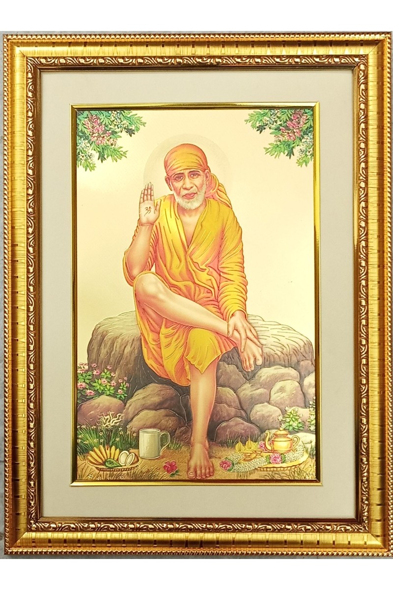 Sai Baba Golden Photo 11.5x15.5 Inches Perfect for Home, Office & Temple Decoration