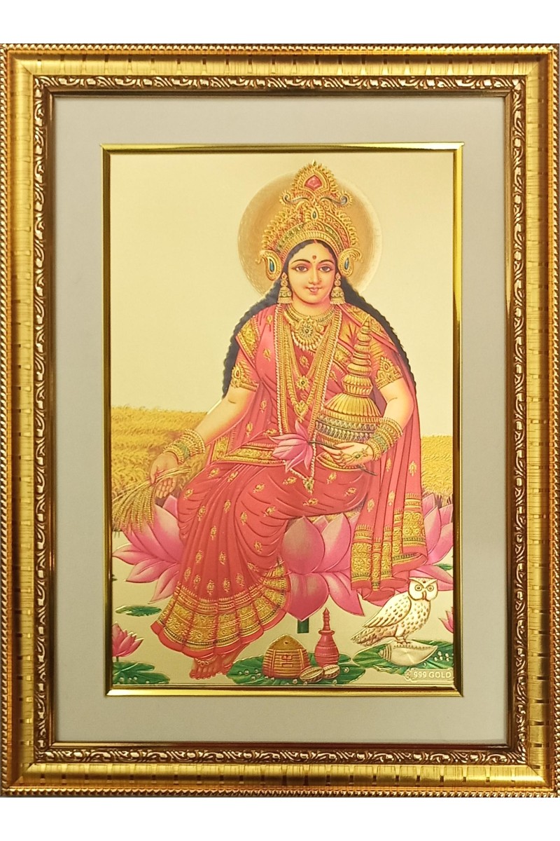 Maa Laxmi Golden Photo 11.5x15.5 Inches Perfect for Home, Office & Temple Decoration