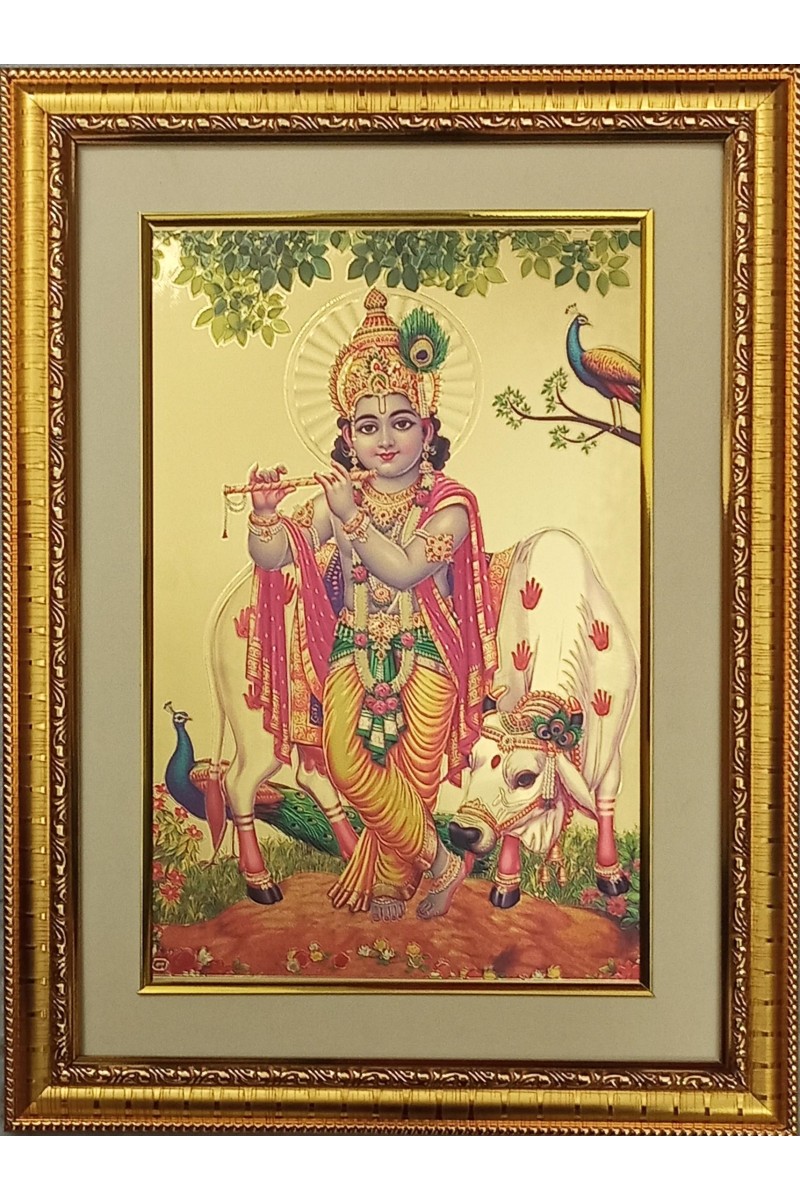 Sri Krishna Golden Photo 11.5x15.5 Inches Perfect for Home, Office & Temple Decoration