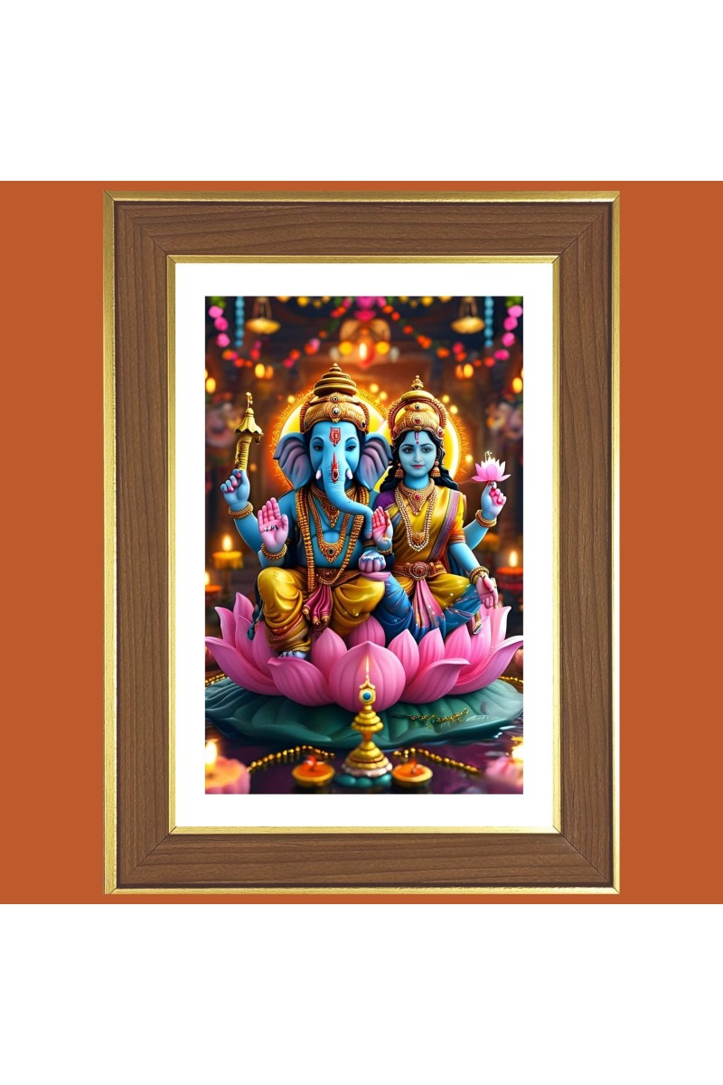 Lord Ganesha Lakshmi Photo Frame  10x14 Inches-Brown Wooden Frame for Home , Office & Temple Decoration and Gifting