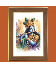 Lord Sri Krishna With Flute Photo Frame  10x14 Inches-Brown Wooden Frame for Home , Office & Temple Decoration and Gifting
