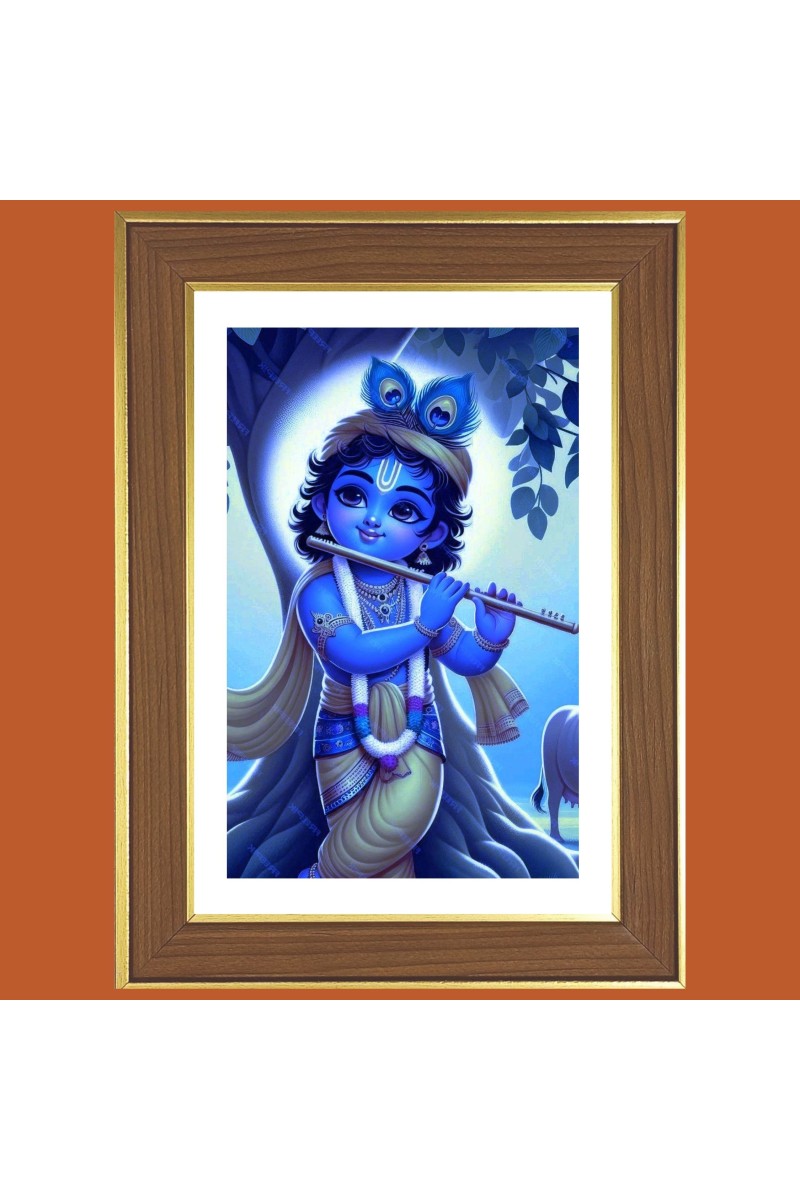 Baby Krishna Photo Frame  10x14 Inches-Brown Wooden Frame for Home , Office & Temple Decoration and Gifting