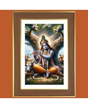 Lord krishna playing flute Photo Frame  10x14 Inches-Brown Wooden Frame for Home , Office & Temple Decoration and Gifting