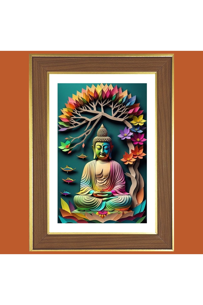 Serene Buddha Photo Frame  10x14 Inches-Brown Wooden Frame for Home , Office & Temple Decoration and Gifting