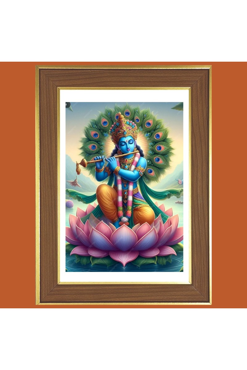 Sri Krishna On Lotus Photo Frame  10x14 Inches-Brown Wooden Frame for Home , Office & Temple Decoration and Gifting