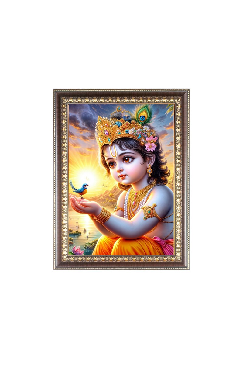 Bal Krishna (Baby) Photo Frame - 10x14 Inches, Brown Wooden Frame for Home , Office & Temple Decoration