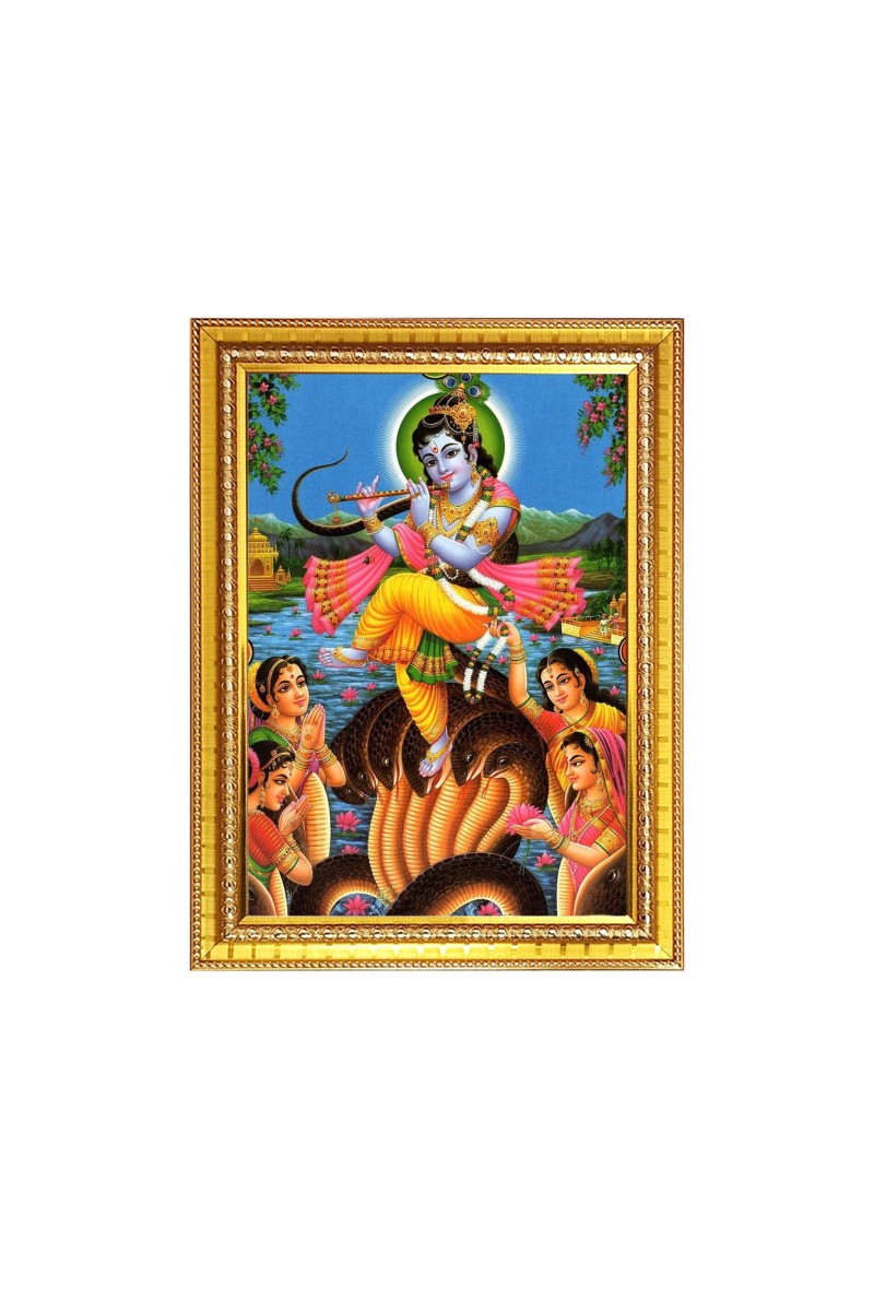 Bal Krishna Dancing On Kaliya Naag Photo Frame - 10x14 Inches, Brown Wooden Frame for Home , Office & Temple Decoration