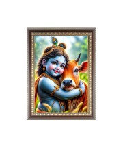 Bal Krishna With Cow Photo Frame - 10x14 Inches, Brown Wooden Frame for Home , Office & Temple Decoration