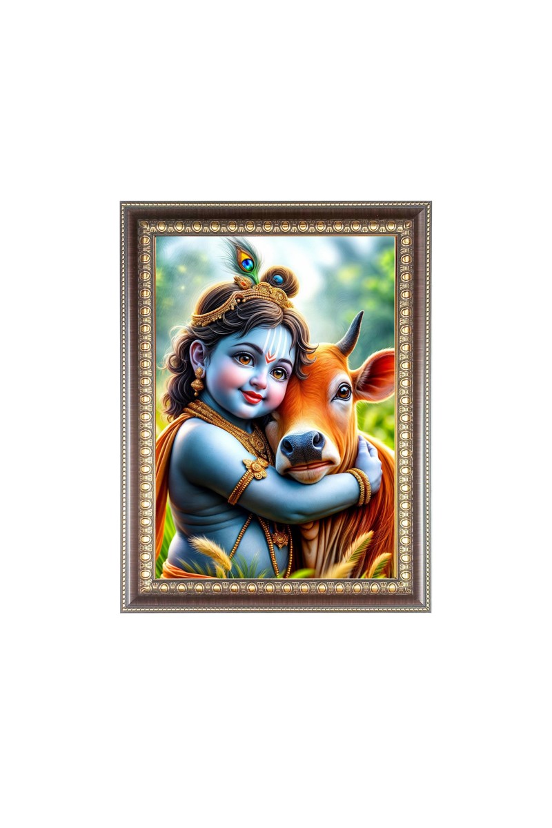 Bal Krishna With Cow Photo Frame - 10x14 Inches, Brown Wooden Frame for Home , Office & Temple Decoration