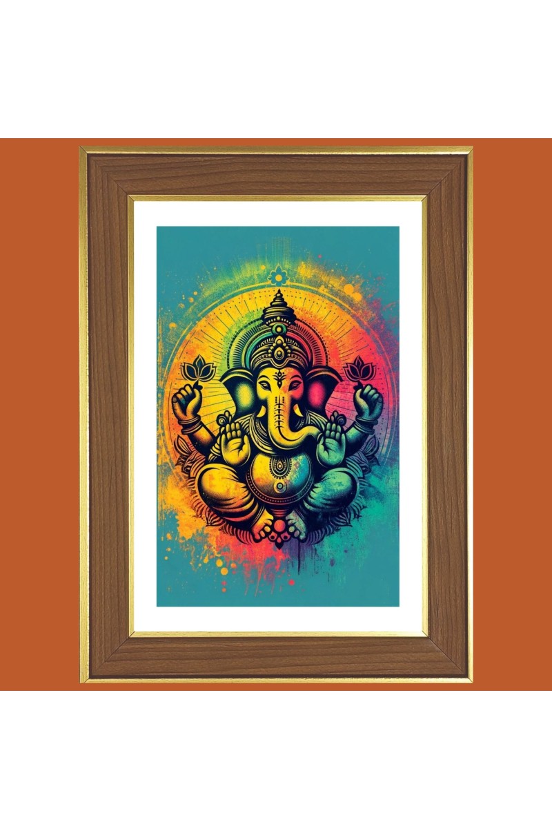 Lord Vinayaka Photo Frame  10x14 Inches-Brown Wooden Frame for Home , Office & Temple Decoration and Gifting