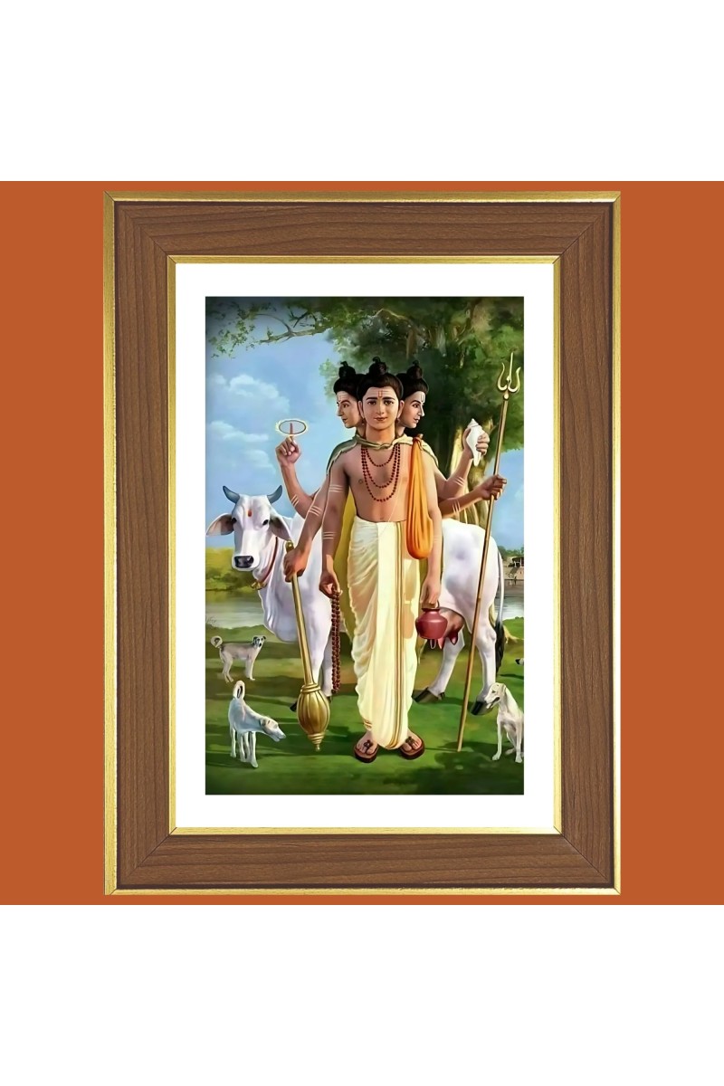 God Dattatreya Photo Frame  10x14 Inches-Brown Wooden Frame for Home , Office & Temple Decoration and Gifting
