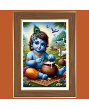 Baby Krishna eating butter Photo Frame  10x14 Inches-Brown Wooden Frame for Home , Office & Temple Decoration and Gifting