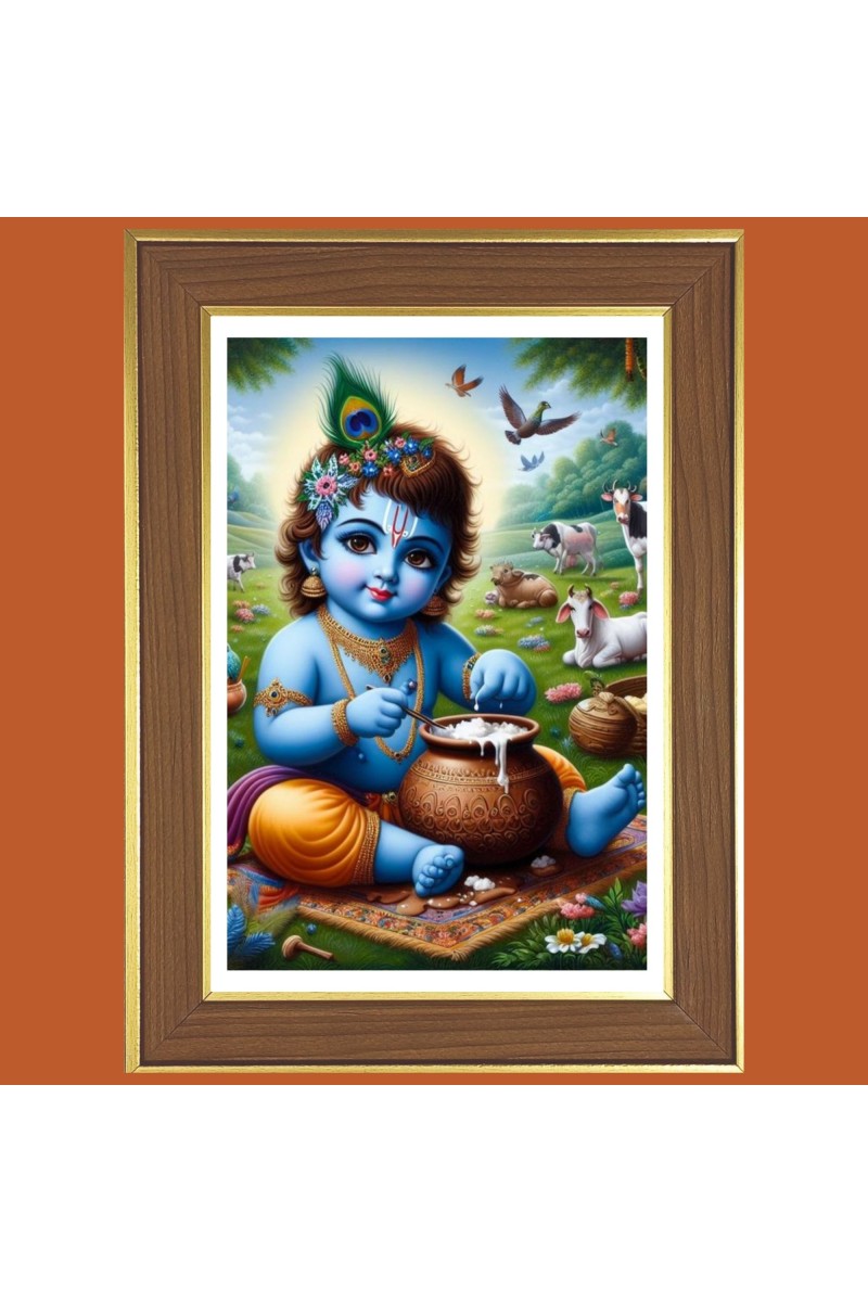 Baby Krishna eating butter Photo Frame  10x14 Inches-Brown Wooden Frame for Home , Office & Temple Decoration and Gifting
