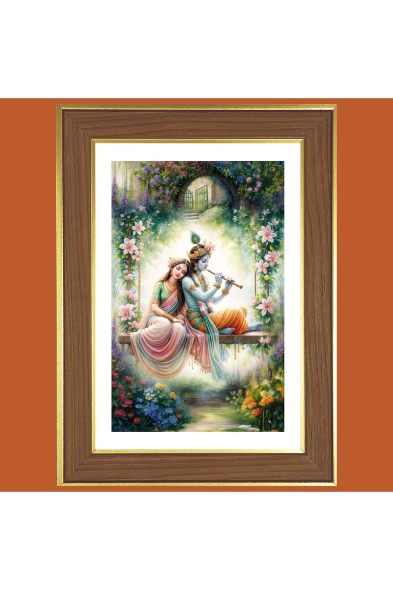 Radha krishna flute Photo Frame  10x14 Inches-Brown Wooden Frame for Home , Office & Temple Decoration and Gifting