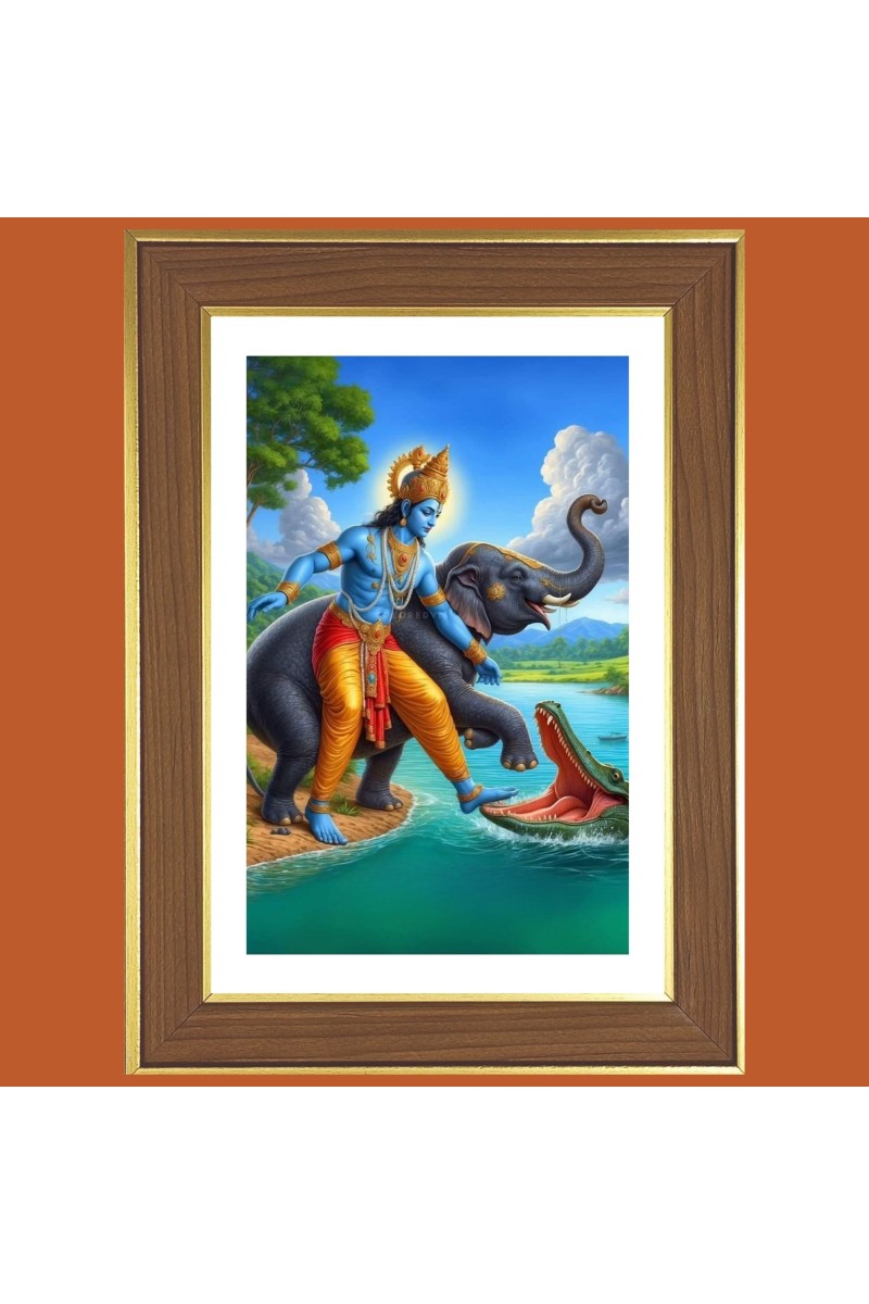 Elephant saves the Lord Krishna Photo Frame  10x14 Inches-Brown Wooden Frame for Home , Office & Temple Decoration and Gifting