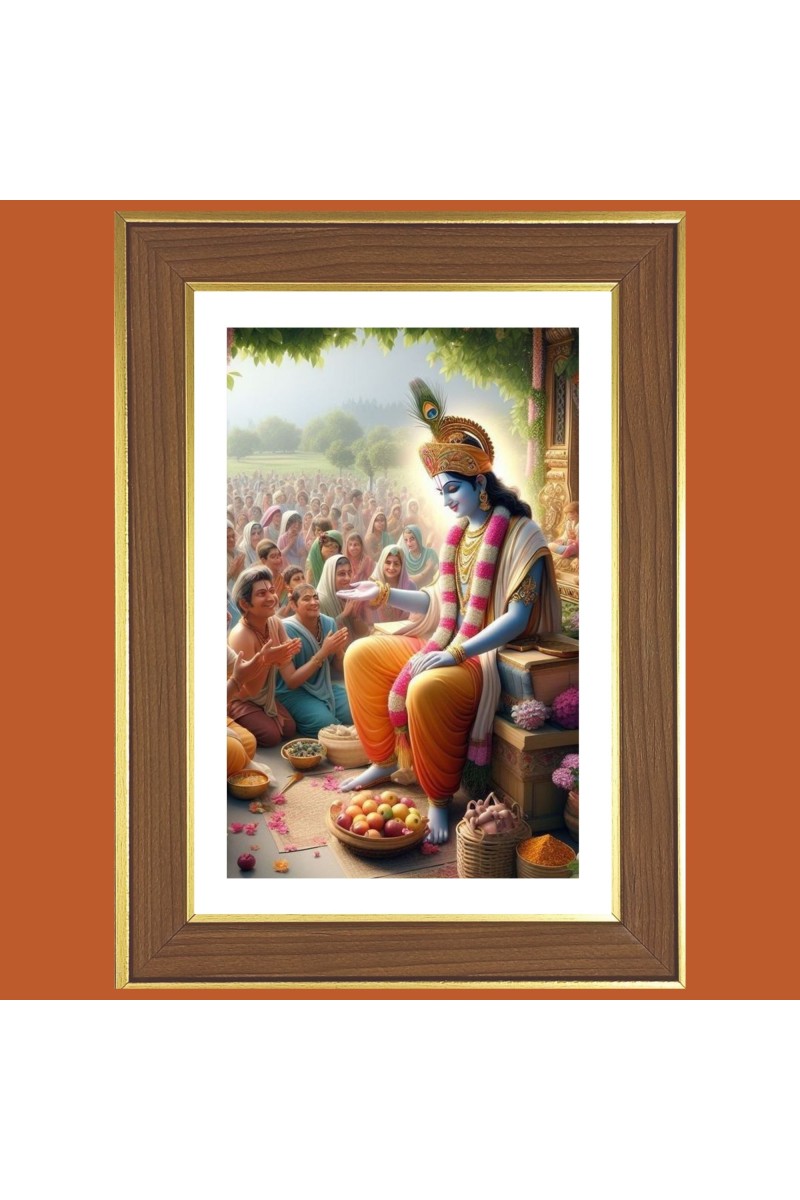 Lord Krishna With Devotees Photo Frame  10x14 Inches-Brown Wooden Frame for Home , Office & Temple Decoration and Gifting