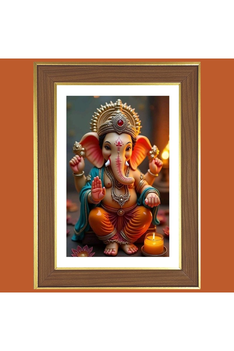 Lord Ganapathi Photo Frame  10x14 Inches-Brown Wooden Frame for Home , Office & Temple Decoration and Gifting