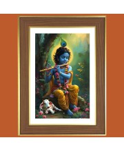Little krishna playing flute Photo Frame  10x14 Inches-Brown Wooden Frame for Home , Office & Temple Decoration and Gifting