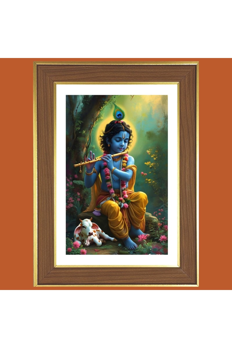 Little krishna playing flute Photo Frame  10x14 Inches-Brown Wooden Frame for Home , Office & Temple Decoration and Gifting