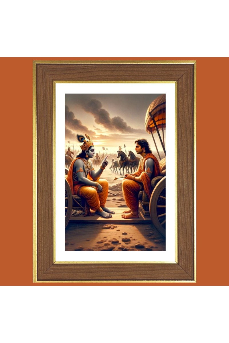 Sri krishna and arjuna Photo Frame  10x14 Inches-Brown Wooden Frame for Home , Office & Temple Decoration and Gifting