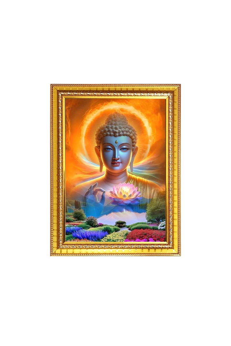 Lord Buddha Photo Frame - 10x14 Inches, Brown Wooden Frame for Home , Office & Temple Decoration