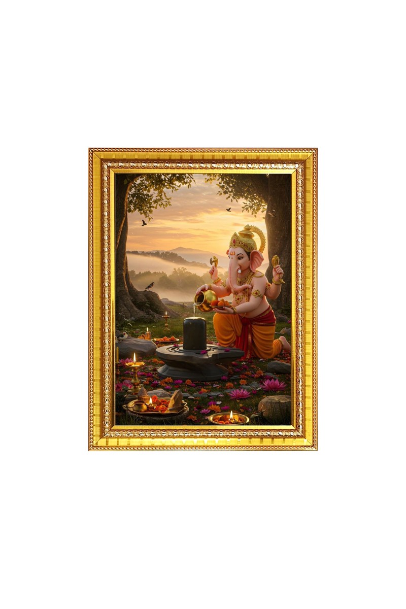 Lord Ganesh Photo Frame - 10x14 Inches, Brown Wooden Frame for Home , Office & Temple Decoration
