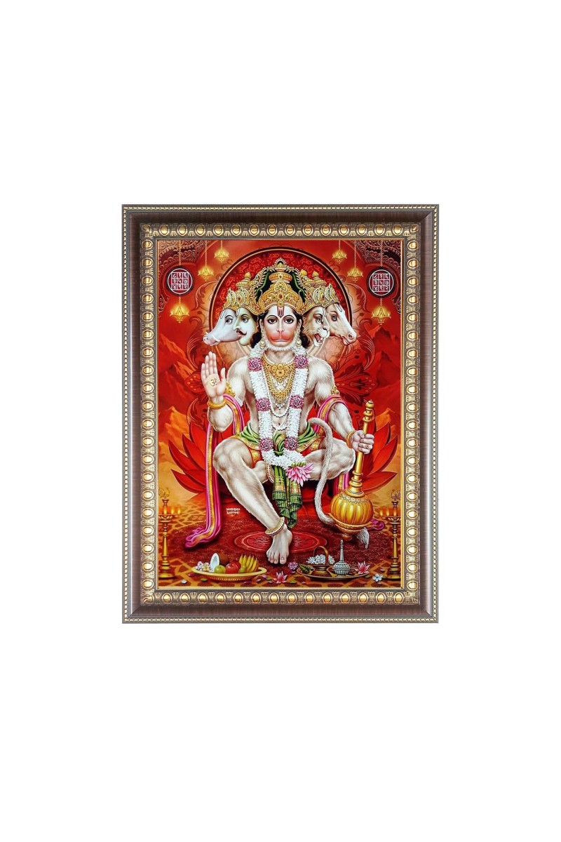 Lord Panchmukhi Hanuman ji Photo Frame - 10x14 Inches, Brown Wooden Frame for Home , Office & Temple Decoration