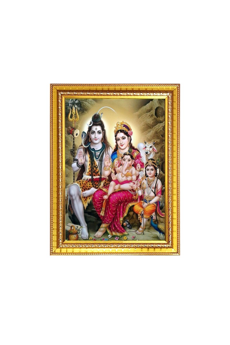 Lord Shiva Parvati with Bal Ganesh and kartikeya ji With nandi cow Photo Frame - 10x14 Inches, Brown Wooden Frame for Home , Office & Temple Decoration