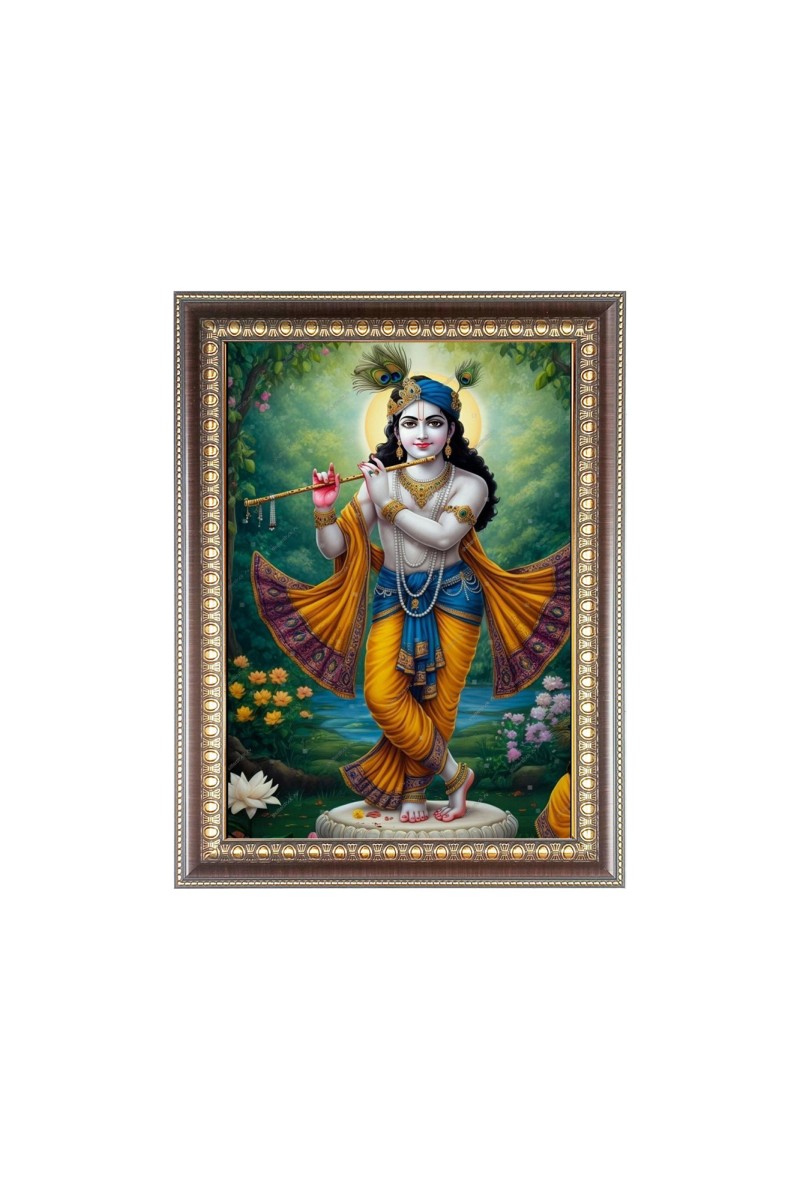 Lord Sri Krishna playing Flute Photo Frame - 10x14 Inches, Brown Wooden Frame for Home , Office & Temple Decoration
