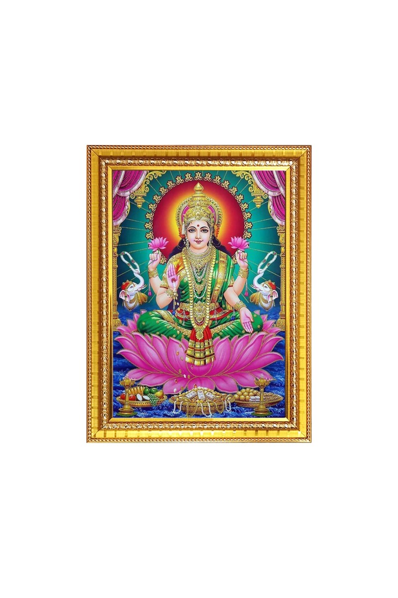 Maa Lakshmi, Maa Saraswati, Lord Shri Ganesh Photo Frame - 10x14 Inches, Brown Wooden Frame for Home , Office & Temple Decoration