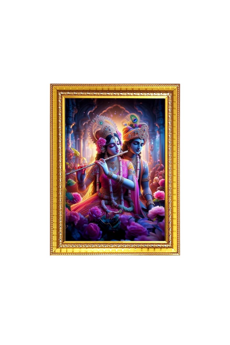 Maa Radha with Sri Krishna Photo Frame - 10x14 Inches, Brown Wooden Frame for Home , Office & Temple Decoration