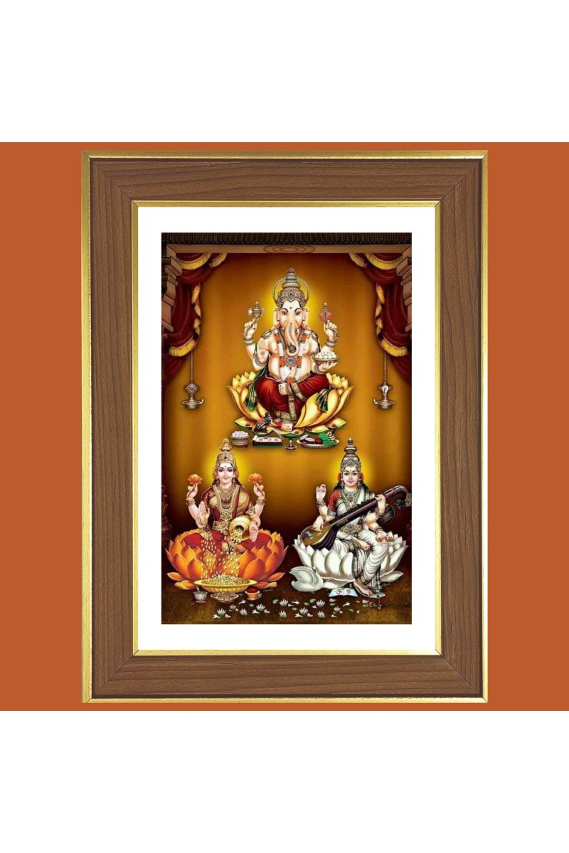 Ganesha and Lakshmi and Saraswathi Photo Frame  10x14 Inches-Brown Wooden Frame for Home , Office & Temple Decoration and Gifting