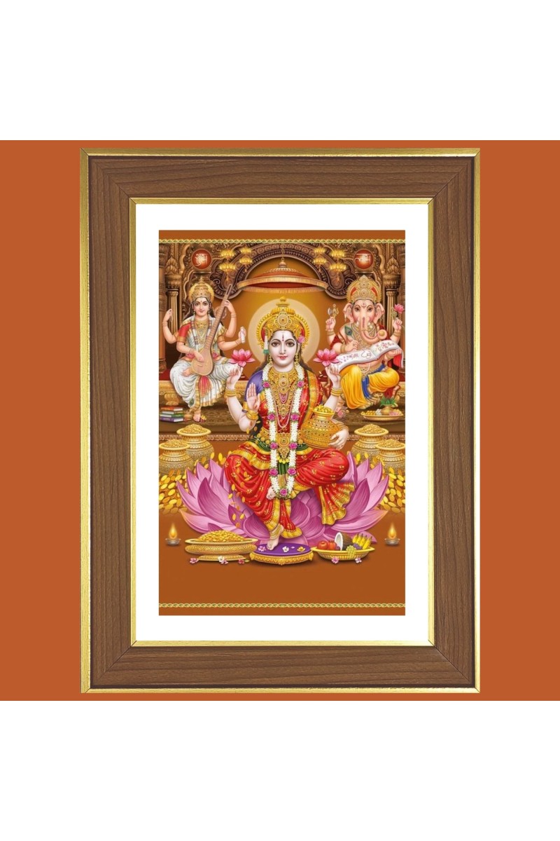 Saraswathi and Ganesha and Lakshmi Photo Frame  10x14 Inches-Brown Wooden Frame for Home , Office & Temple Decoration and Gifting