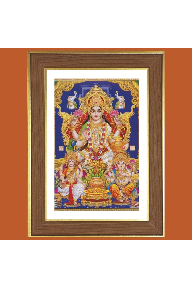 Lakshmi and Saraswathi and  Ganesha Photo Frame  10x14 Inches-Brown Wooden Frame for Home , Office & Temple Decoration and Gifting