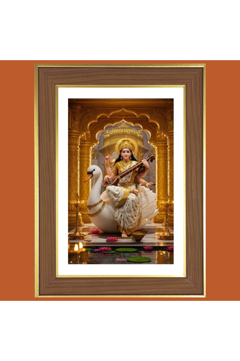 Goddess Saraswati Photo Frame  10x14 Inches-Brown Wooden Frame for Home , Office & Temple Decoration and Gifting