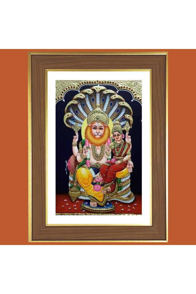Laxmi Narasimha Photo Frame  10x14 Inches-Brown Wooden Frame for Home , Office & Temple Decoration and Gifting