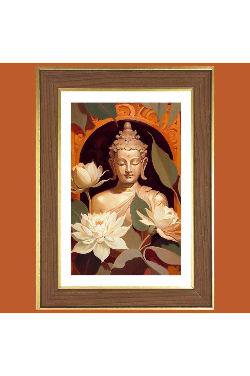 Serene Buddha Photo Frame  10x14 Inches-Brown Wooden Frame for Home , Office & Temple Decoration and Gifting