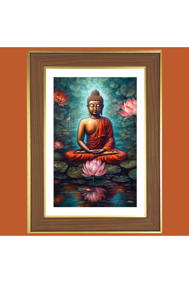 Meditative state Buddha Photo Frame  10x14 Inches-Brown Wooden Frame for Home , Office & Temple Decoration and Gifting
