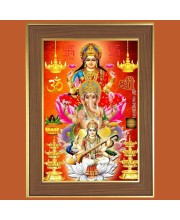 Goddess Lakshmi with Goddess Saraswati and Lord Ganesha, Photo Frame  10x14 Inches-Brown Wooden Frame for Home , Office & Temple Decoration and Gifting