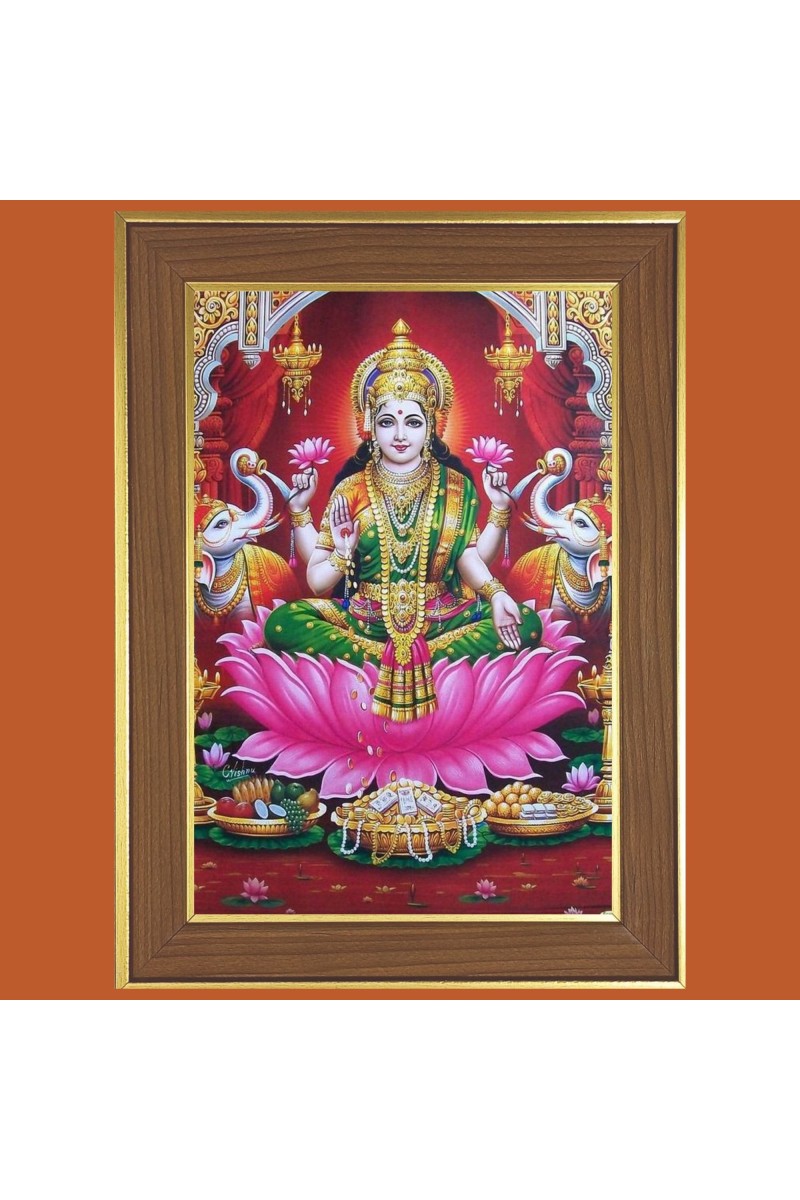 Goddess Laxmi Photo Frame  10x14 Inches-Brown Wooden Frame for Home , Office & Temple Decoration and Gifting